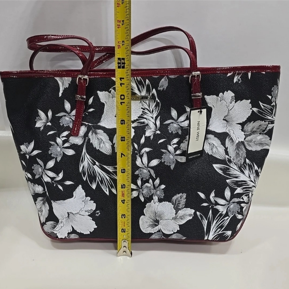 Nine West Black,White And Burgundy Floral Tote Bag